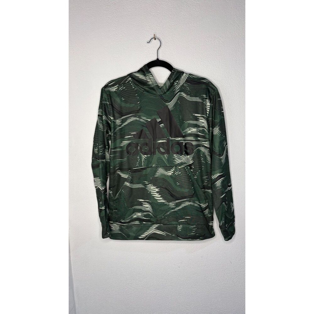 adidas Boys Green Wavy Print Fleece Pullover Hoodie L 14/16 Kangaroo Pocket